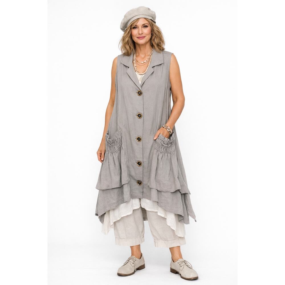 For Cythia Womens Lagenlook Top Long Vest Size M Linen Blend Artsy Rustic Boho